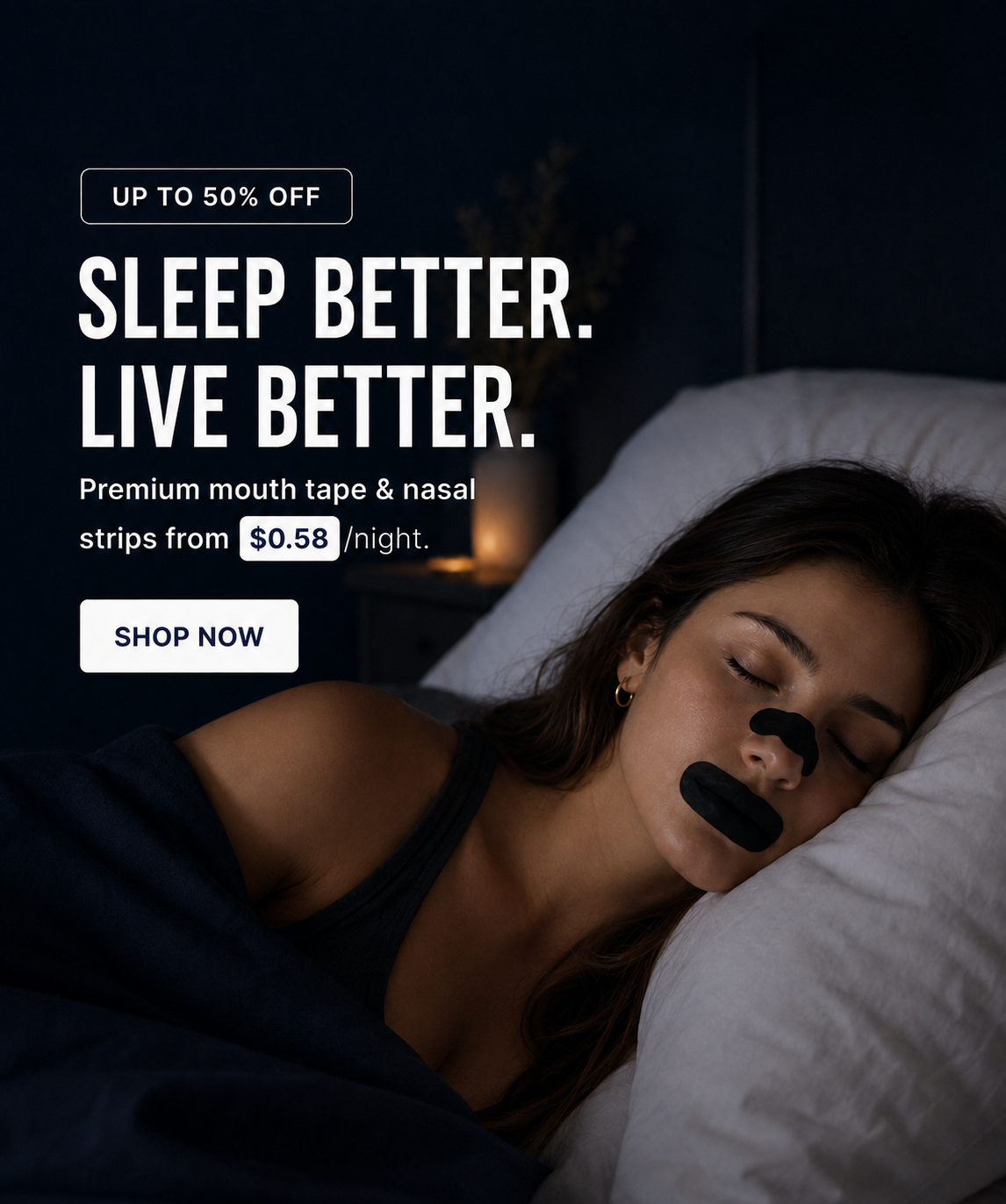 Woman sleeping peacefully wearing Dreamtape mouth tape and a nose strip