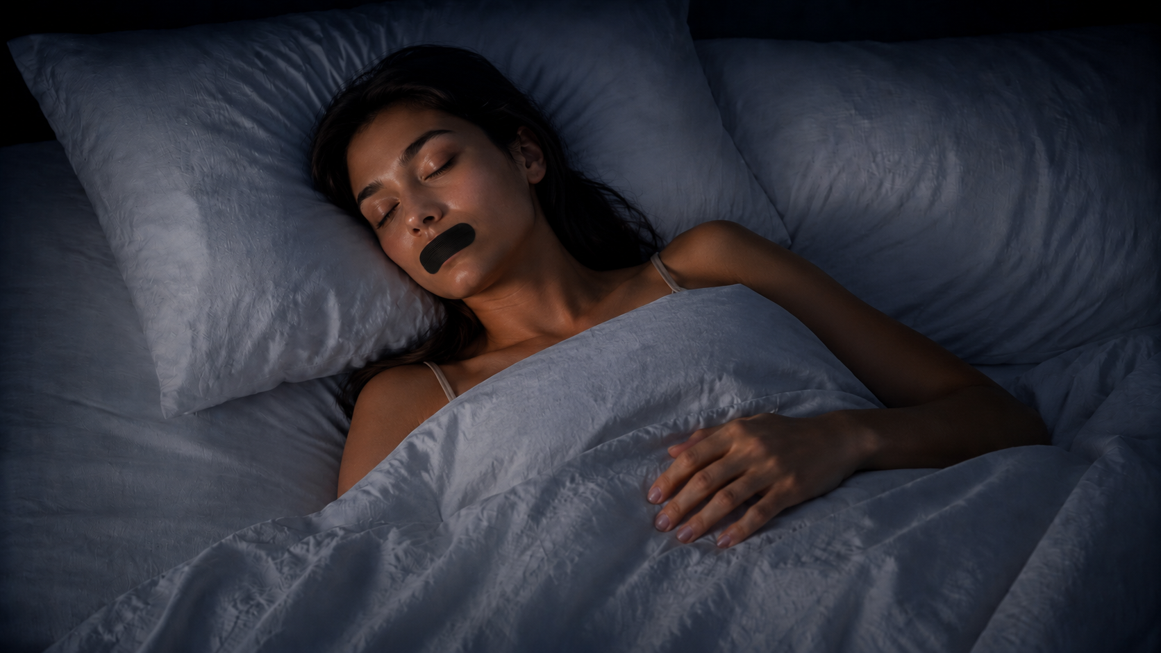 Woman sleeping peacefully wearing Dreamtape mouth tape